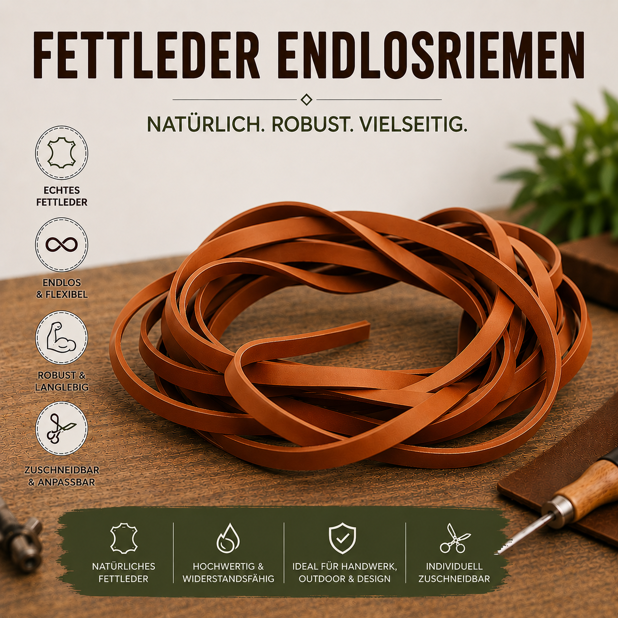 Fettleder Endlosriemen - Meterware cognac