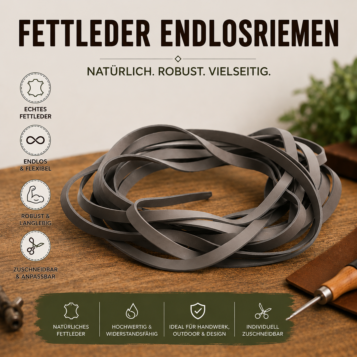 Fettleder Endlosriemen - Meterware grau