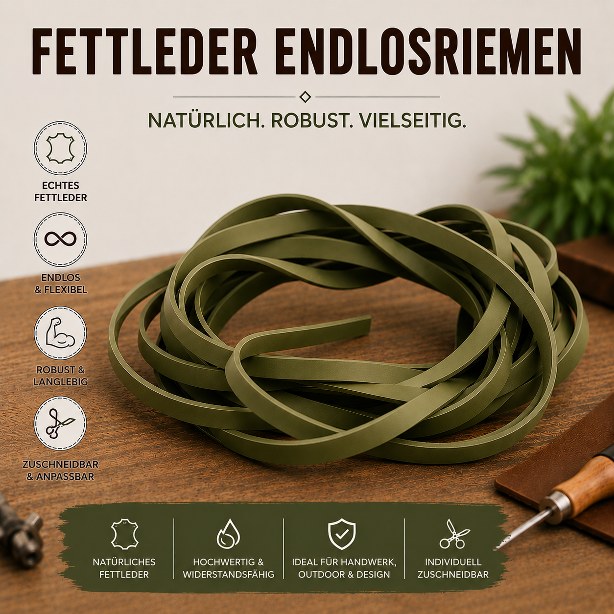 Fettleder Endlosriemen - Meterware oliv